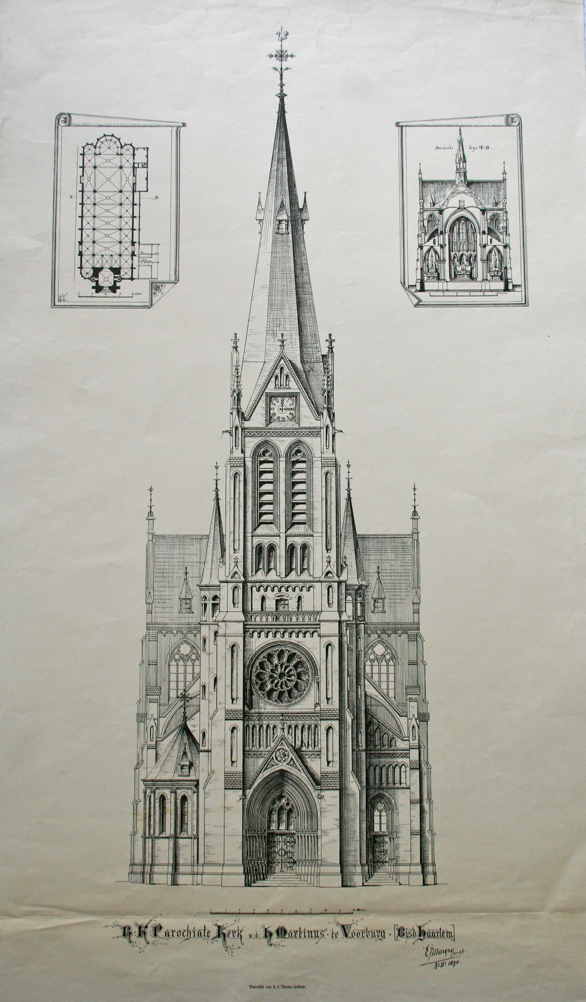 Toren, plattegrond en doorsnede, R.K. Parochiale Kerk v.d. H. Martinus te Voorburg. Bisdom Haarlem, E. Margry, arch. 1890